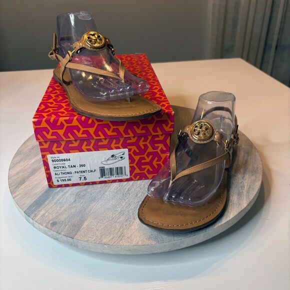 Tory Burch Women's Ali Thong Royal Tan Leather Sandals with Box US Size 7.5 $195 - Picture 1 of 10